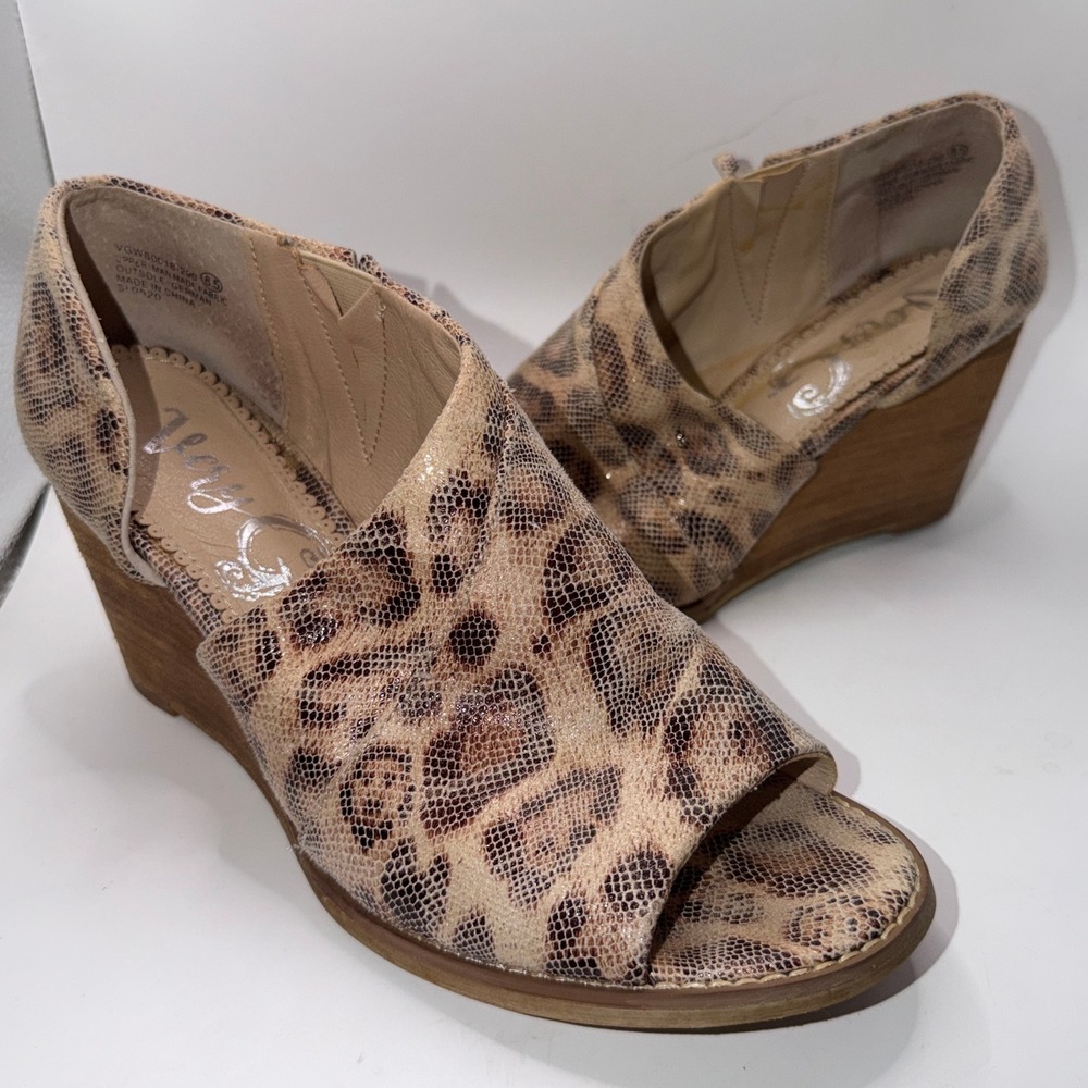 Very G 8.5 Leopard Print Snakeskin Texture Open Toe Wedge Sandals Boho Chic
